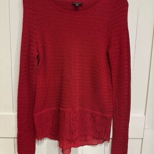 Red Lucky Brand Crochet Knit Sweater M • Lace Hem • Boho Layered Look